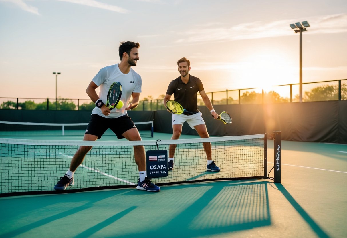 To personer spiller padeltennis med nye Osaka padelbat som solen stiger